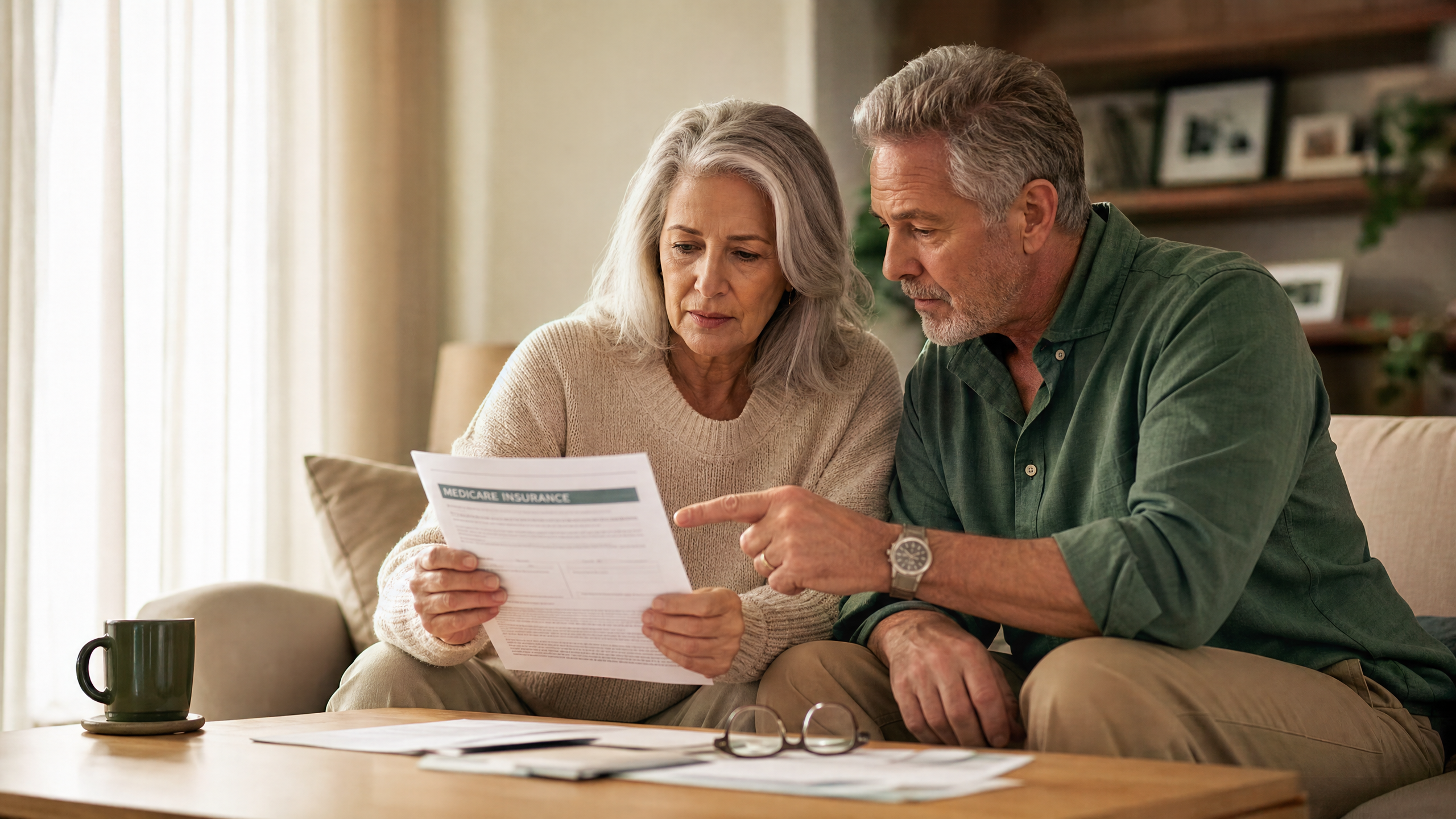 Retired couple reviewing medical paperwork together with a serious but empowering expression