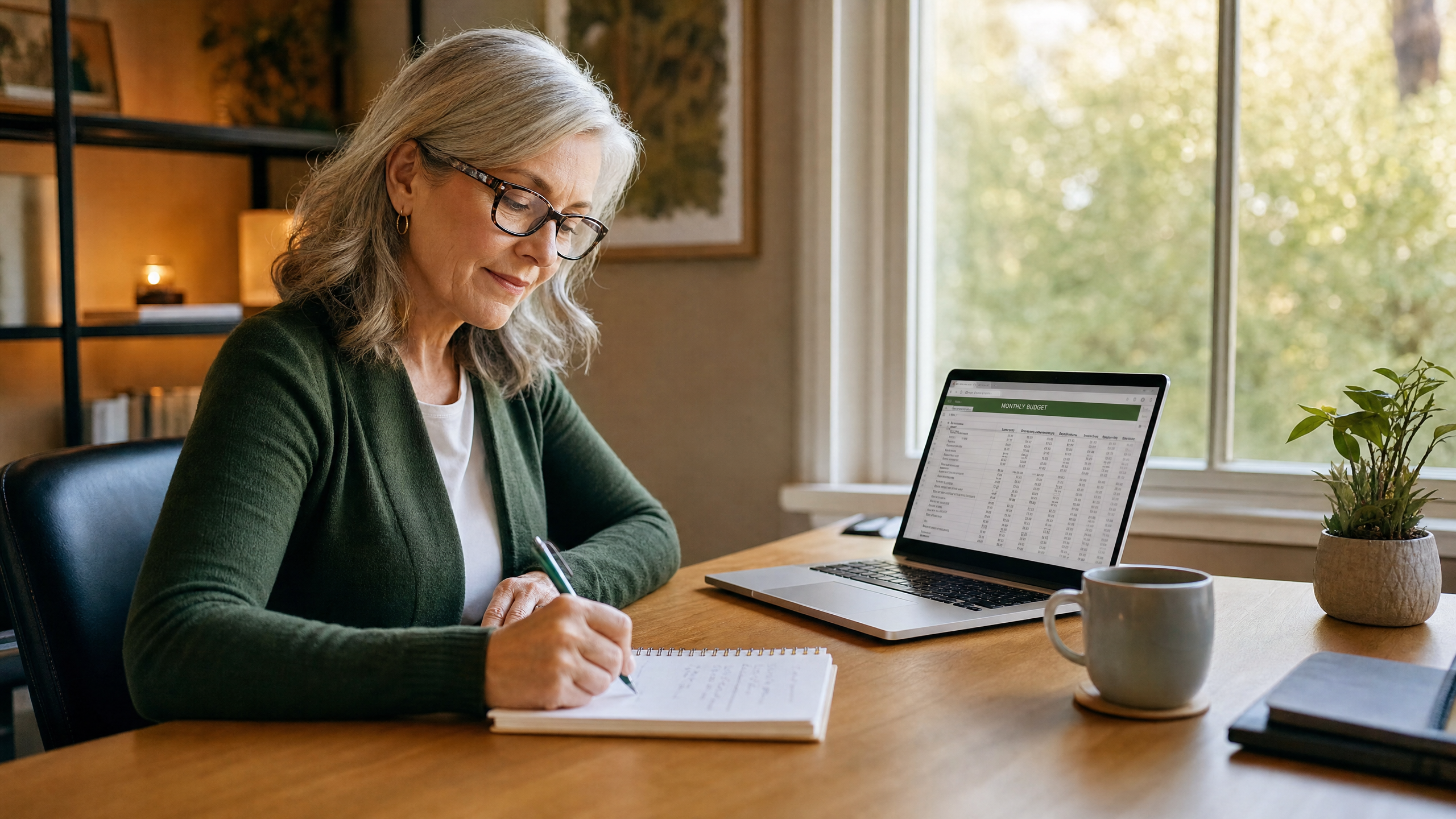 Focused retired woman writing in a notebook at a clean home office desk