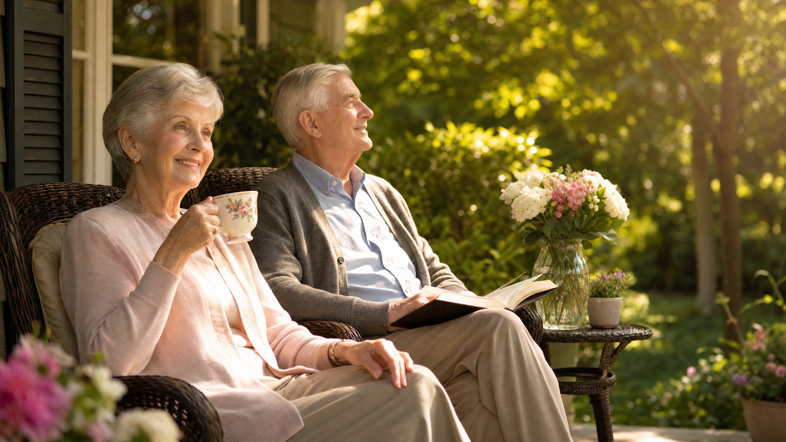 Retired couple relaxing peacefully on a sunlit porch