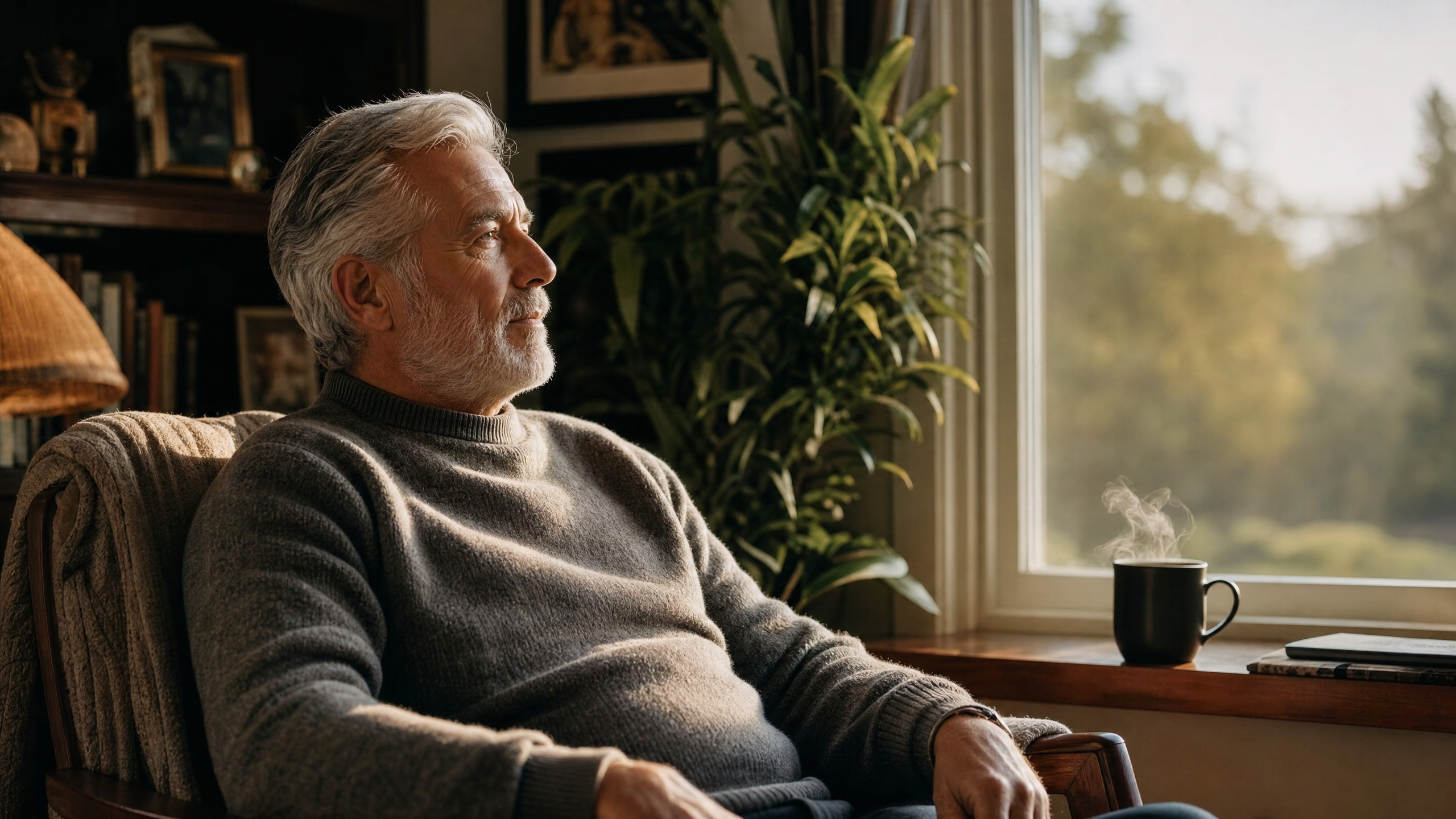Contemplative silver-haired man sitting alone in a sunlit armchair