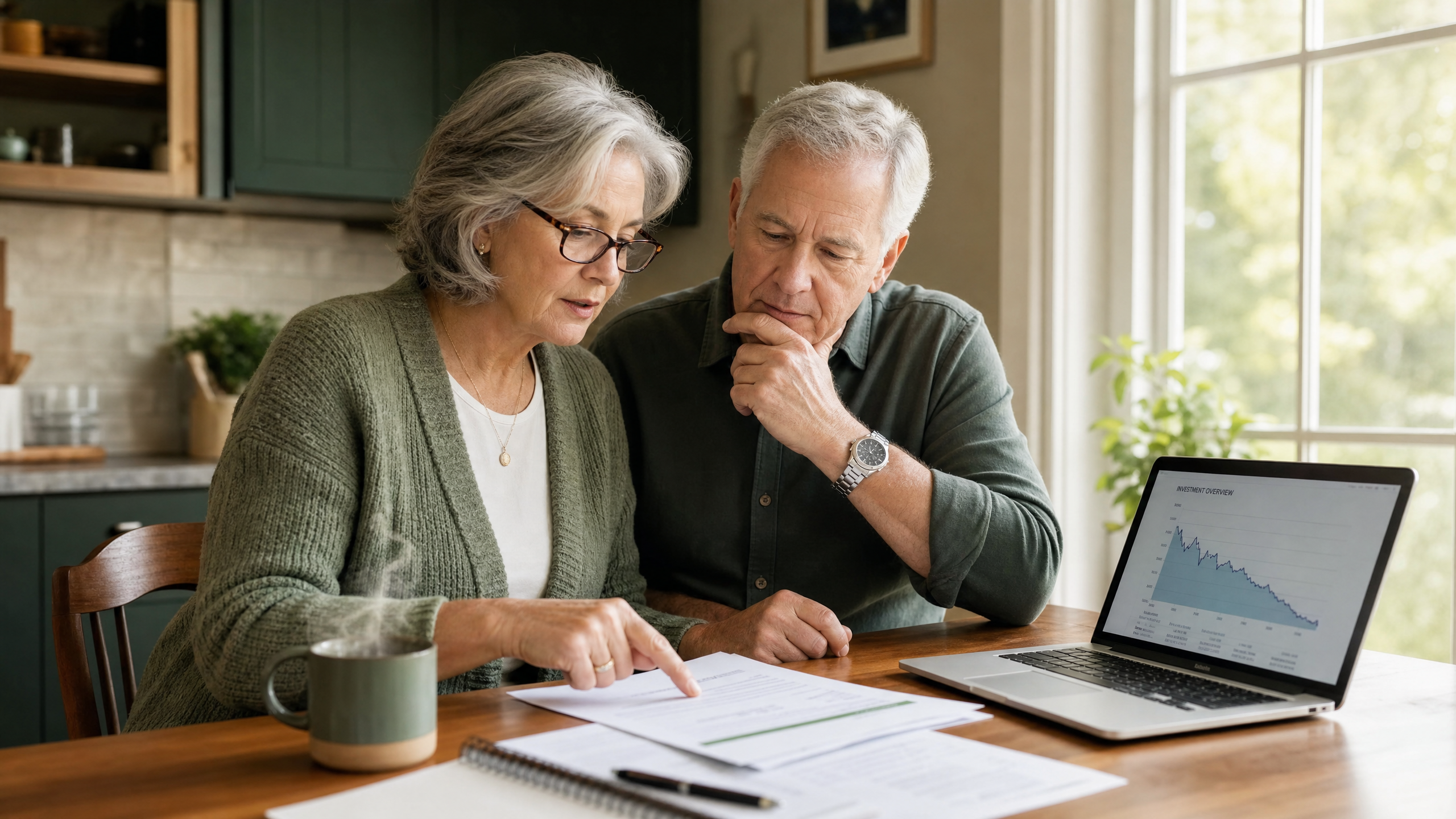 Retired couple reviewing financial paperwork with a concerned but focused expression